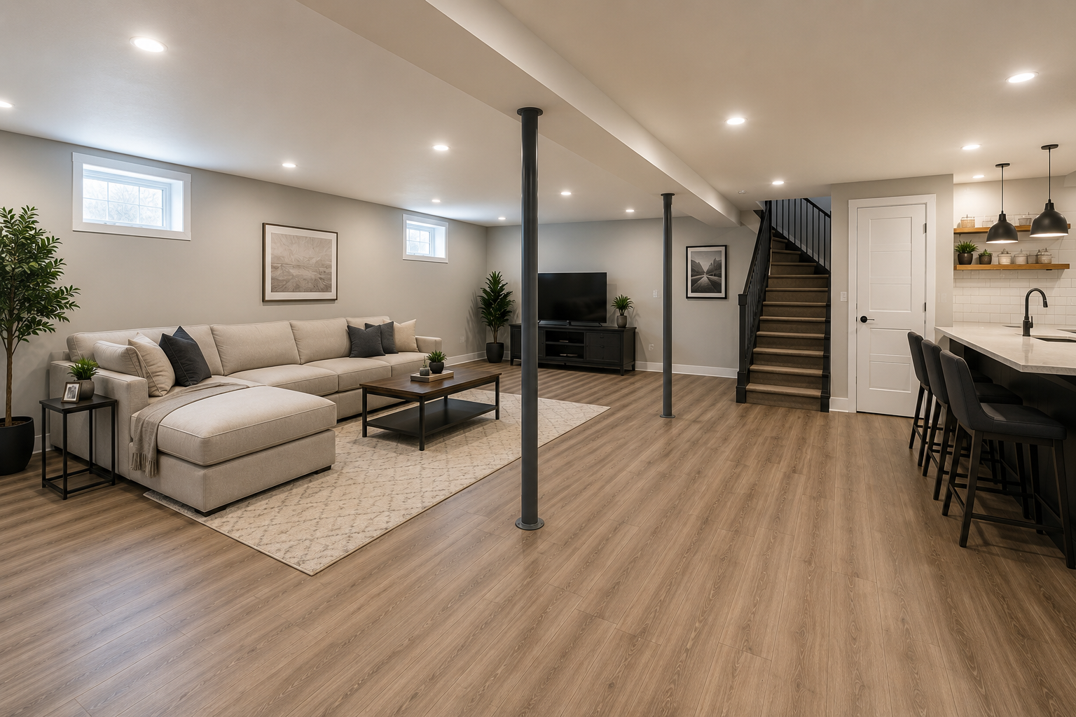 Finished basement completion with lounge, stairs, and bar in Winnipeg