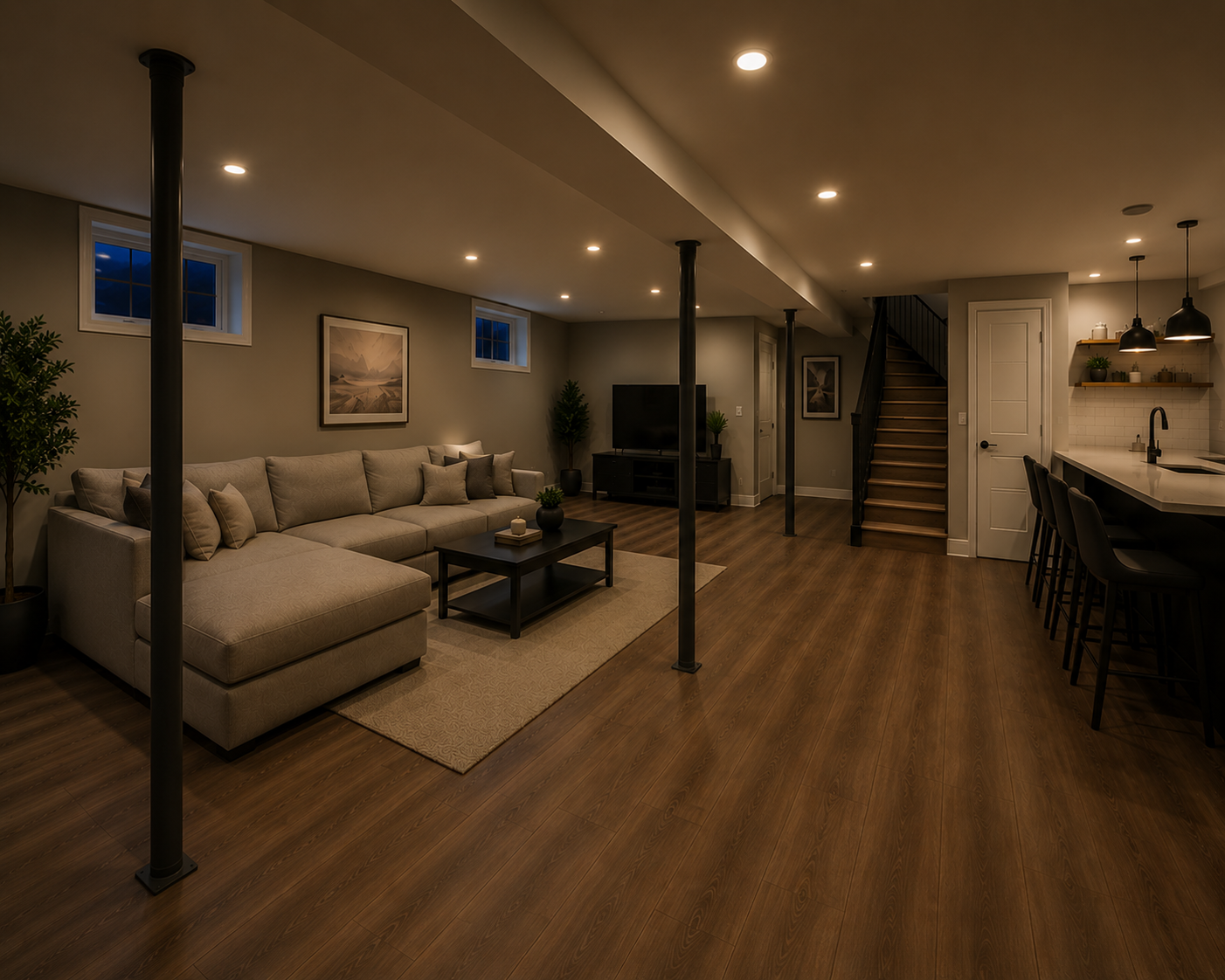 Finished basement completion at night with warm lighting