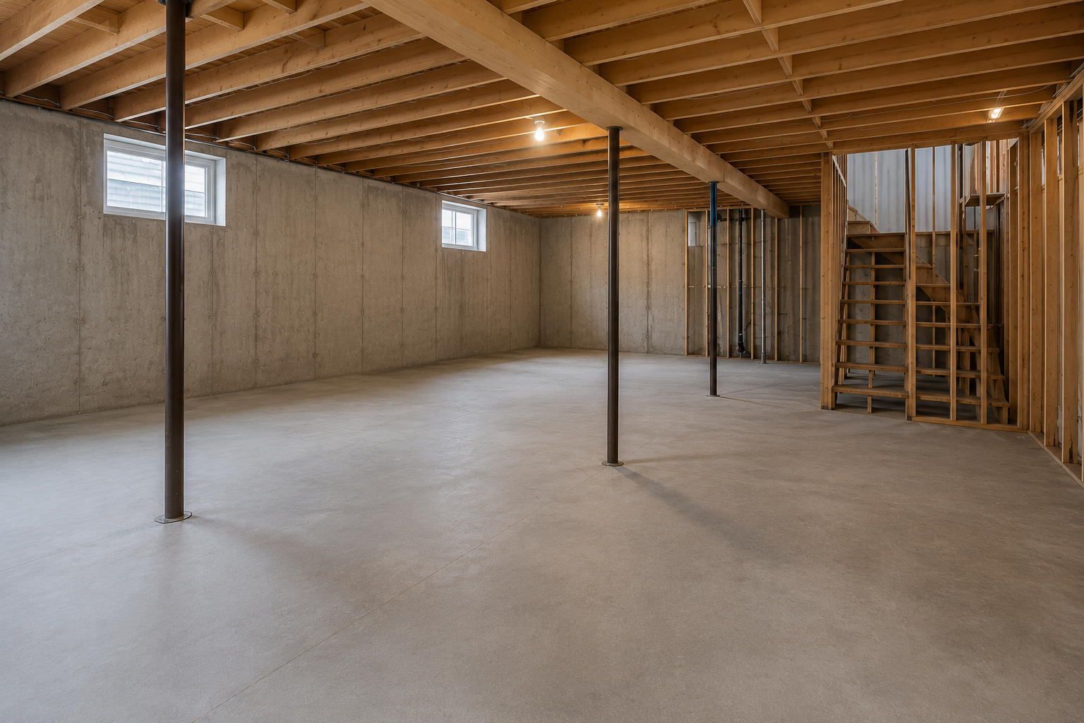 Basement before finishing with exposed joists and concrete
