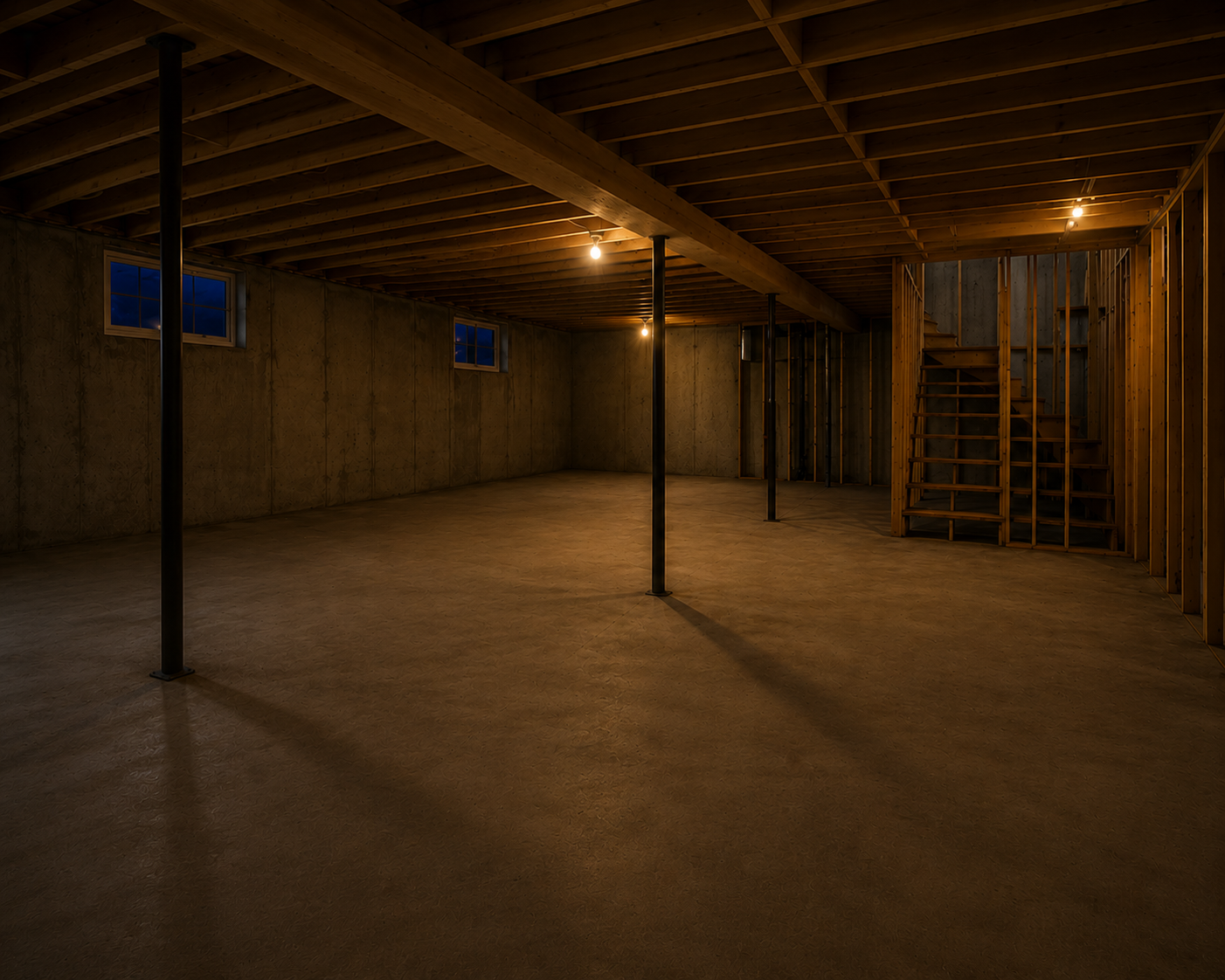 Basement before finishing at night with exposed joists and concrete